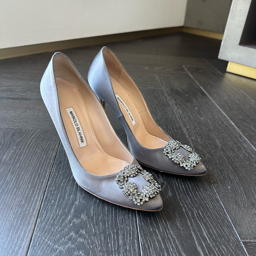 Manolo Blahnik Gray Satin Pumps with Embellished Buckle